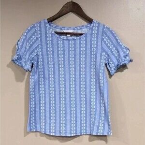 💚 5/$25 Lauren Conrad Blue‎ Floral Ruffle Sleeve Tee Womens XS Preppy Cottage